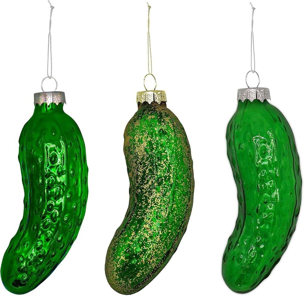 New Set of 3 Green Dill Pickle Christmas Ornaments 4E’s Novelty 4.5” Blown Glass
